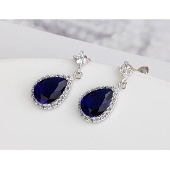 Women's Silver Blue Teardrop Plated Tear Drop  Crystal Earrings with Box - Picture 3 of 5